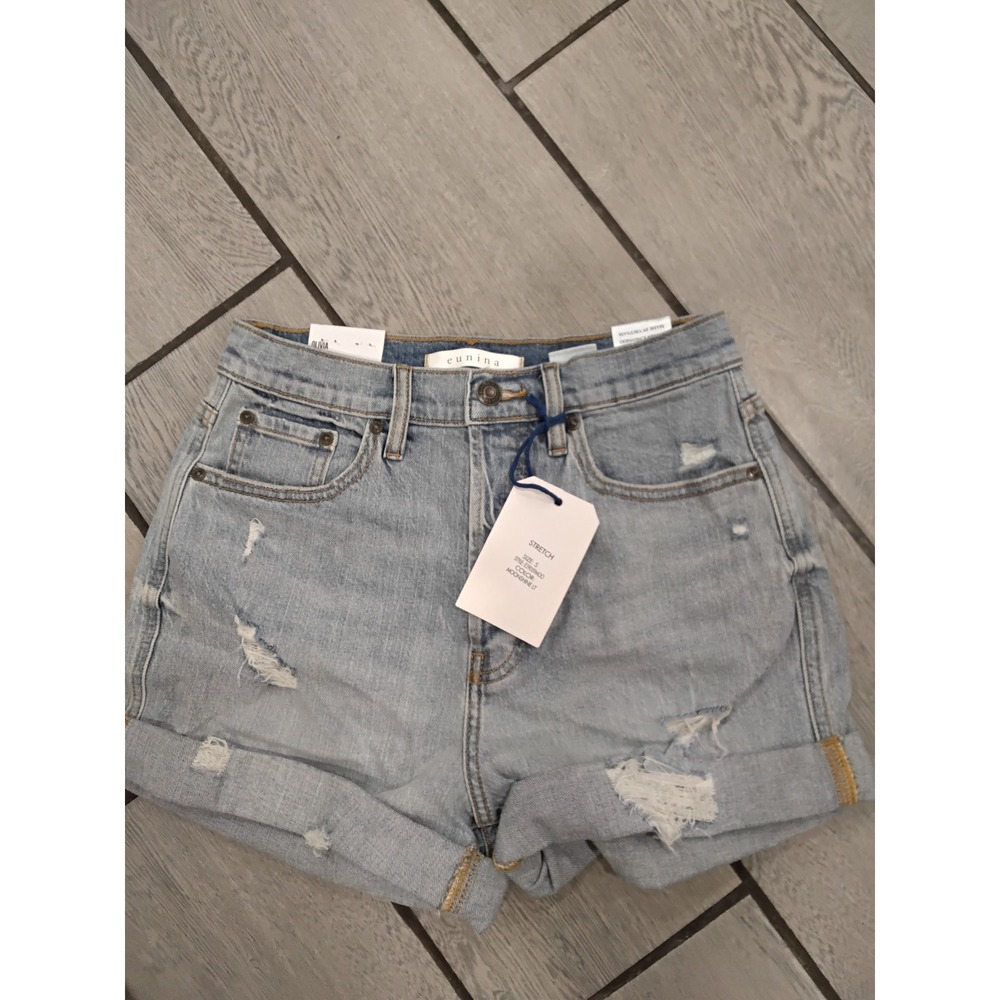 New Eunina Olivia Ultra High Rise Mom Shorts Moonshine Lt Distressed Blue Size S